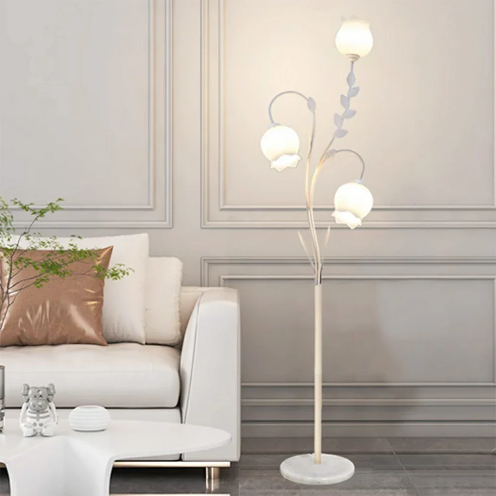 LIVARA Floor Lamp 9/12W Soft Ambient Lighting Glass Shade Triple-Flower Design Stable Marble Base - White - Image 2