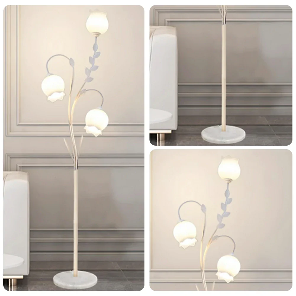 LIVARA Floor Lamp 9/12W Soft Ambient Lighting Glass Shade Triple-Flower Design Stable Marble Base - White - Image 3
