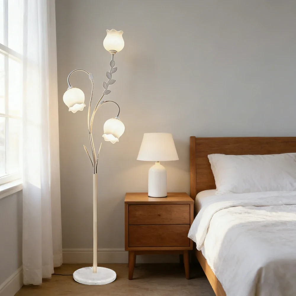 LIVARA Floor Lamp 9/12W Soft Ambient Lighting Glass Shade Triple-Flower Design Stable Marble Base - White - Image 4