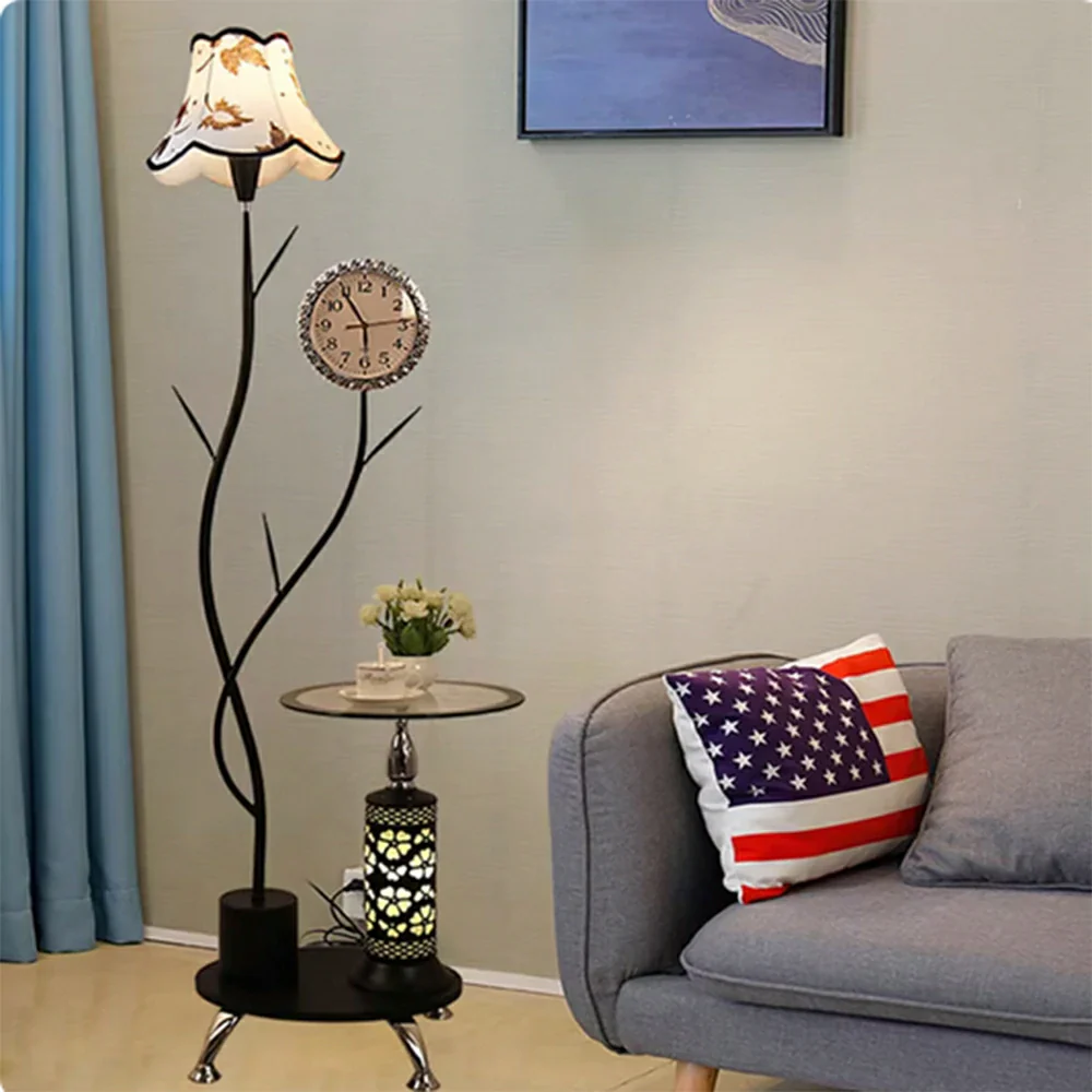 LIVARA 9/12W Floor Lamp Side Table Clock Soft Ambient Lighting Fabric Shade Stable Glass Top Design - Black - Image 4
