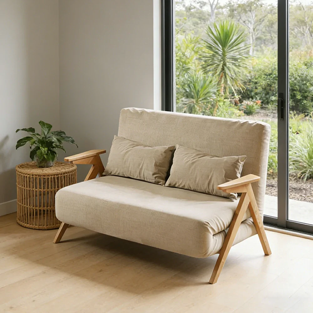 LIVARA 86/136cm Convertible Linen Sofa Bed, 3-in-1 Folding Design, Adjustable Backrest, Solid Wood Armrests, Single/Double Sleeper for Small Spaces - Beige - Image 2