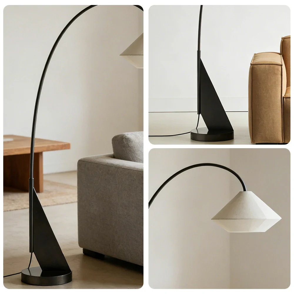 LIVARA Floor Lamp Soft Diffused Lighting Metal Frame Fabric Shade Curved Design with Geometric Base - Image 3