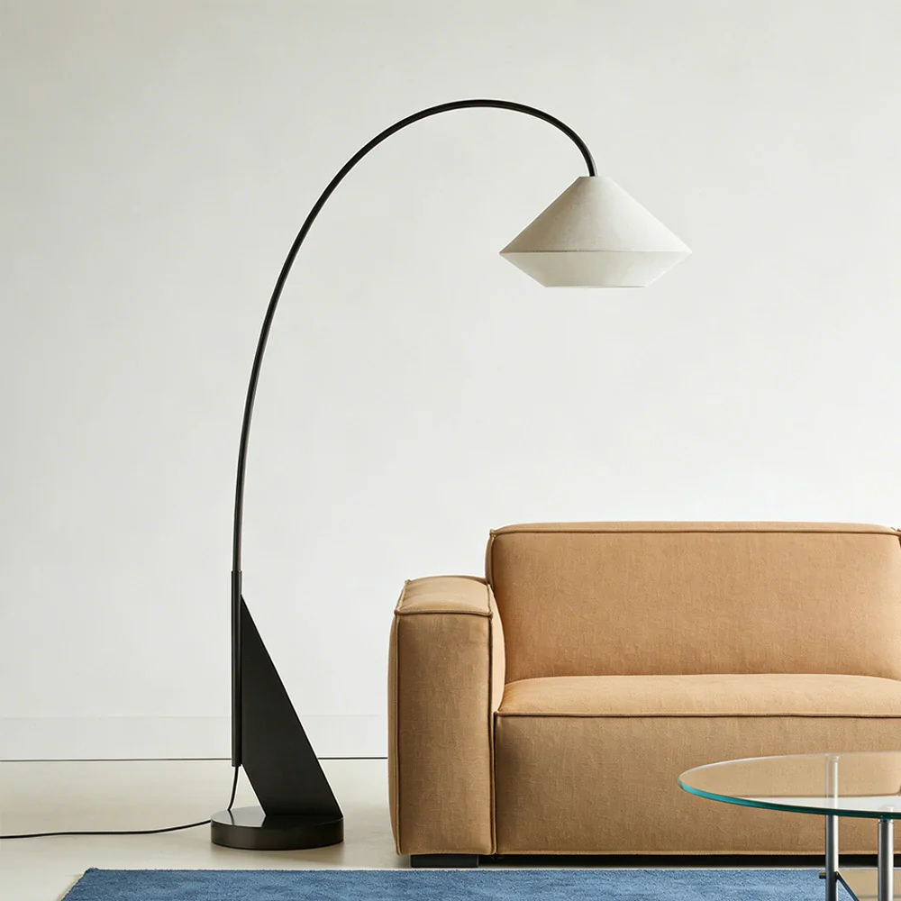 LIVARA Floor Lamp Soft Diffused Lighting Metal Frame Fabric Shade Curved Design with Geometric Base - Image 4