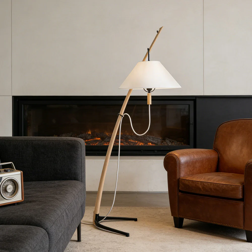 LIVARA Floor Lamp Soft Ambient Lighting Linen Shade Metal & Ash Wood Base Sculptural Tree-Inspired Design - Wood - Image 2