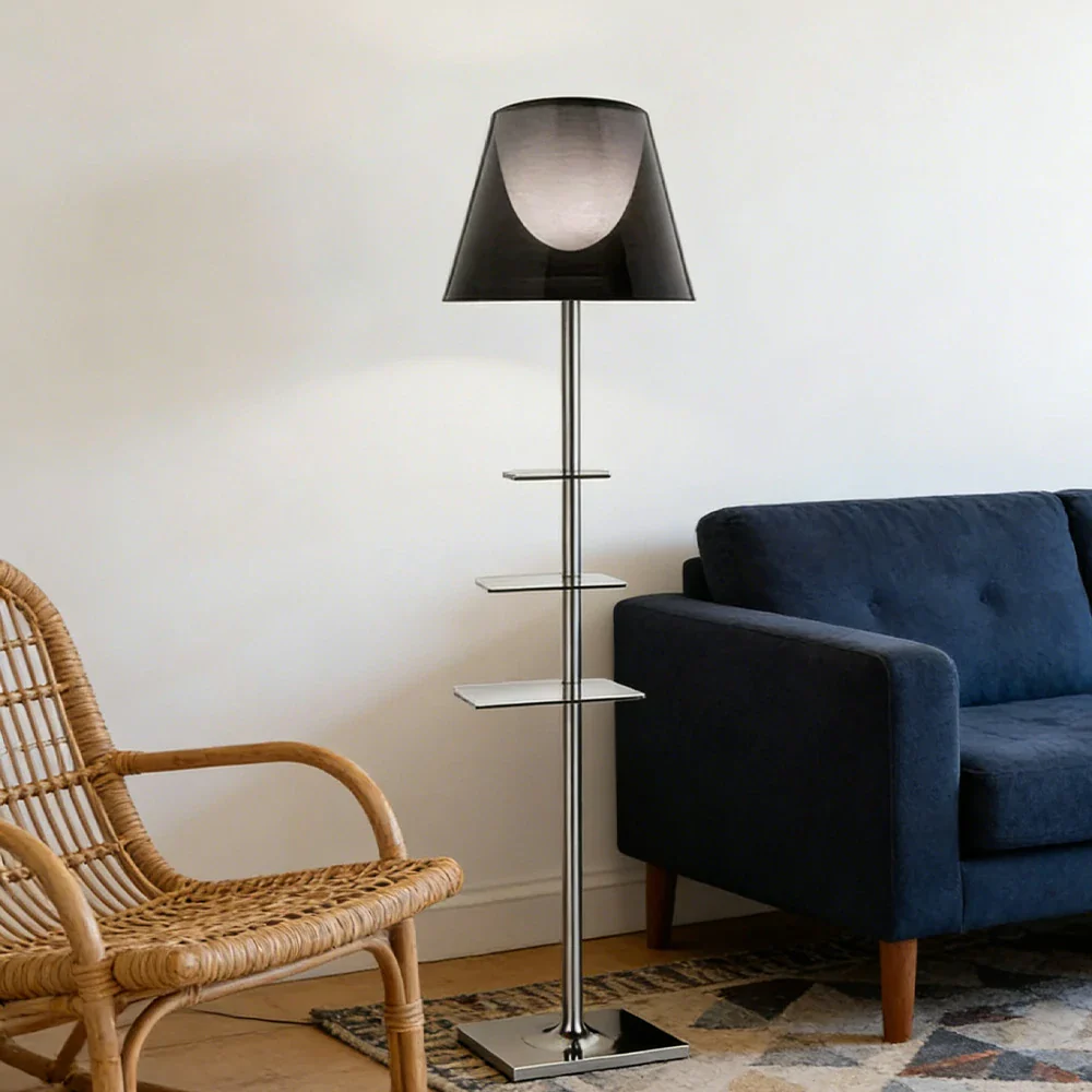 LIVARA Floor Lamp 2-in-1 Lighting & Storage Acrylic Shade Iron Frame Rotatable Multi-Tier Trays - Grey - Image 2