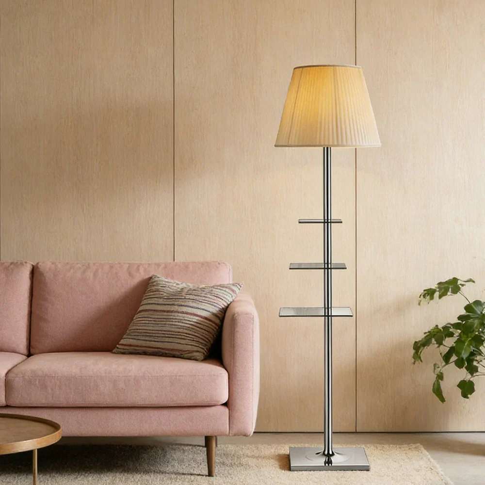 LIVARA Floor Lamp 2-in-1 Lighting & Storage Acrylic Shade Iron Frame Rotatable Multi-Tier Trays - Beige - Image 2