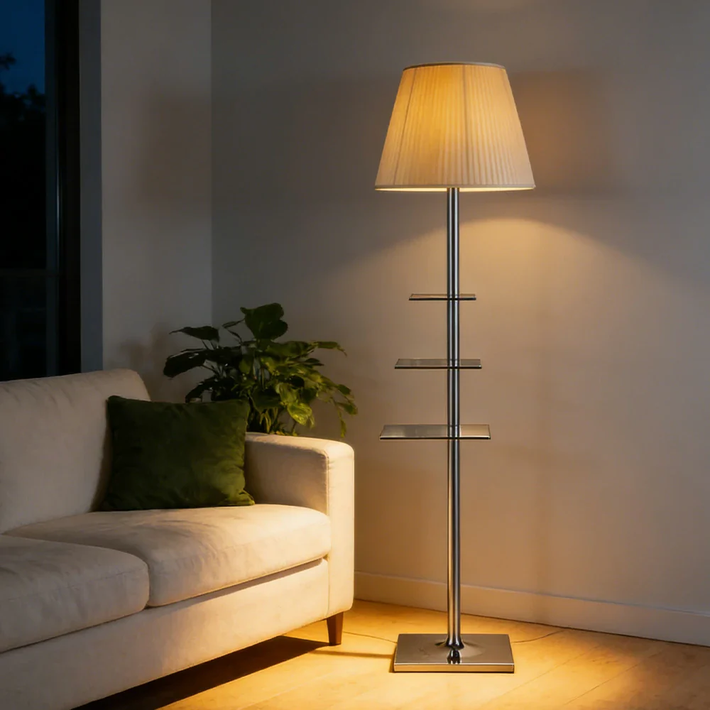 LIVARA Floor Lamp 2-in-1 Lighting & Storage Acrylic Shade Iron Frame Rotatable Multi-Tier Trays - Beige - Image 4