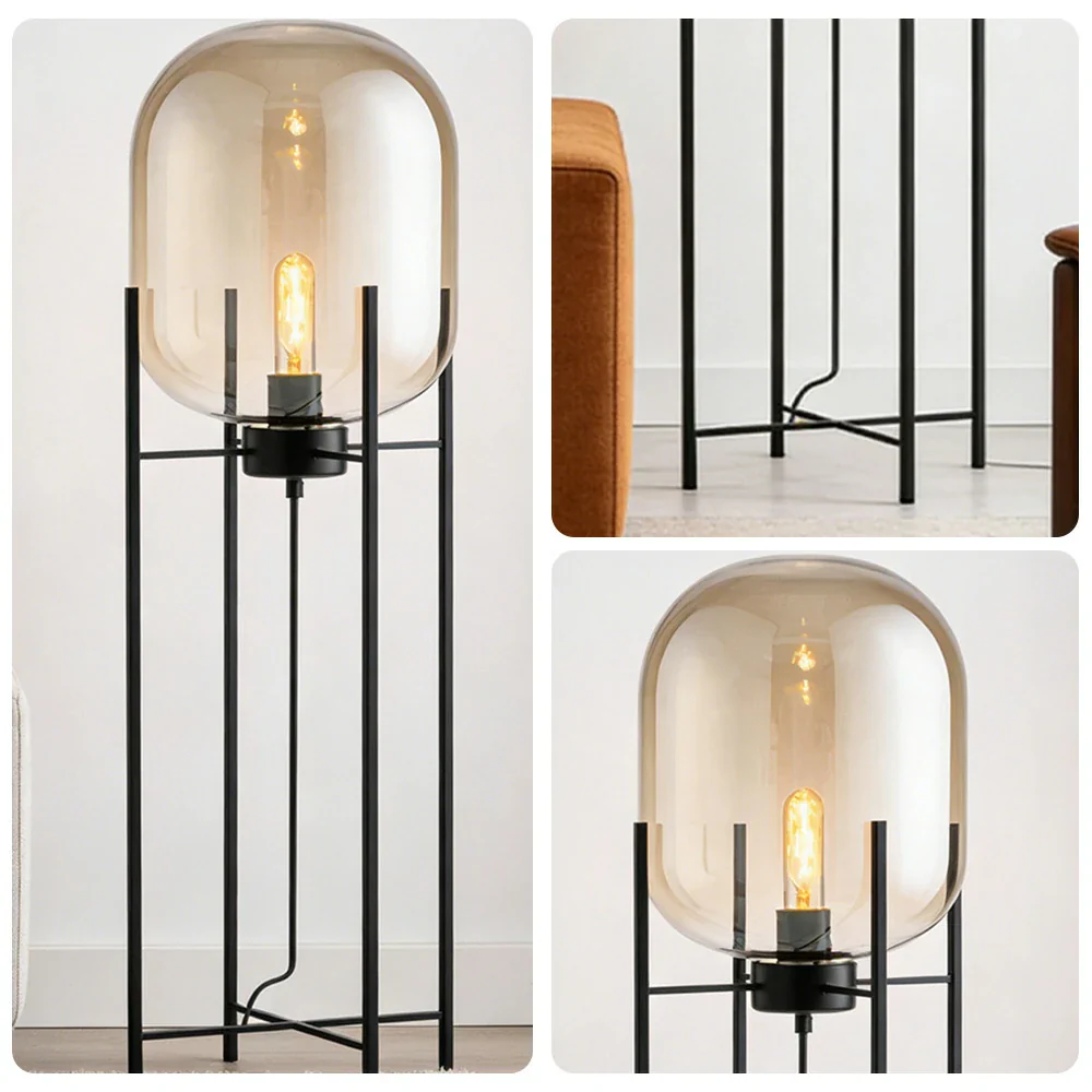 LIVARA Floor Lamp Warm Ambient Lighting Semi-Transparent Glass Shade Metal Frame Four-Post Design - Brown - Image 3