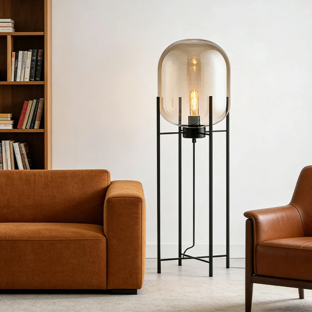 LIVARA Floor Lamp Warm Ambient Lighting Semi-Transparent Glass Shade Metal Frame Four-Post Design - Brown - Image 4