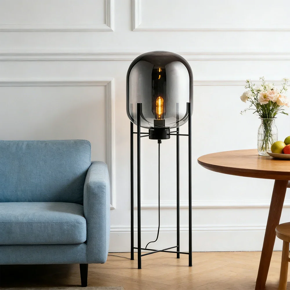 LIVARA Floor Lamp Warm Ambient Lighting Semi-Transparent Glass Shade Metal Frame Four-Post Design - Grey - Image 2