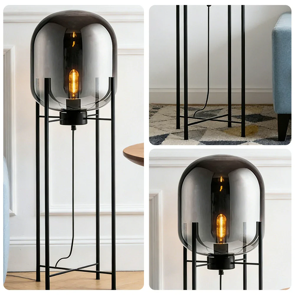 LIVARA Floor Lamp Warm Ambient Lighting Semi-Transparent Glass Shade Metal Frame Four-Post Design - Grey - Image 3