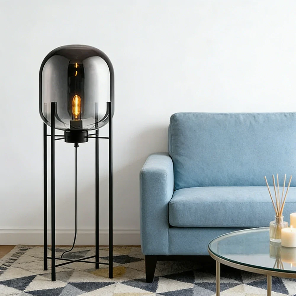 LIVARA Floor Lamp Warm Ambient Lighting Semi-Transparent Glass Shade Metal Frame Four-Post Design - Grey - Image 4