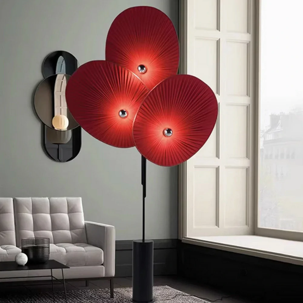LIVARA Floor Lamp Soft Ambient Lighting Marble Base Fabric & Metal Shade Handcrafted Floral Design - Red - Image 2