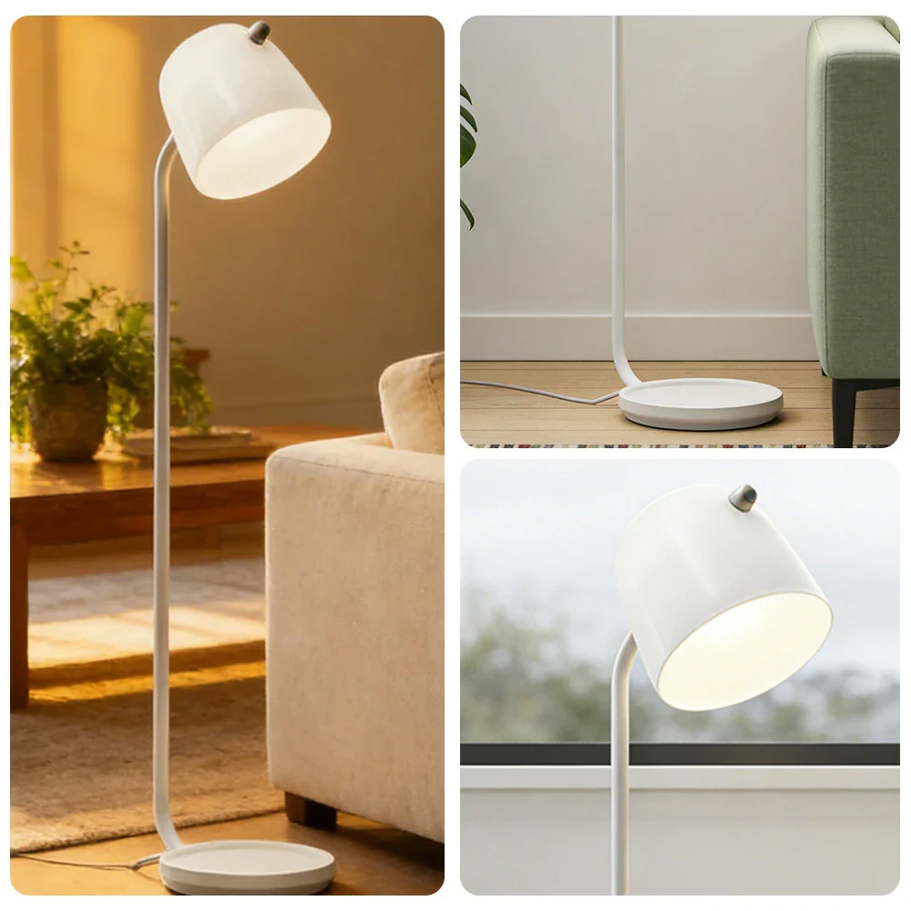 LIVARA Floor Lamp Adjustable Reading Light Metal Frame Curved Pole Design Stable Round Base - White - Image 3
