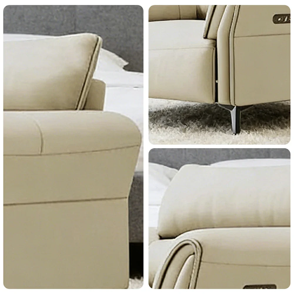 LIVARA Electric Recliner Sofa 106cm Single Seat Wide-Angle Adjustment Top-Grain Leather Ergonomic Comfort Design - Beige - Image 3