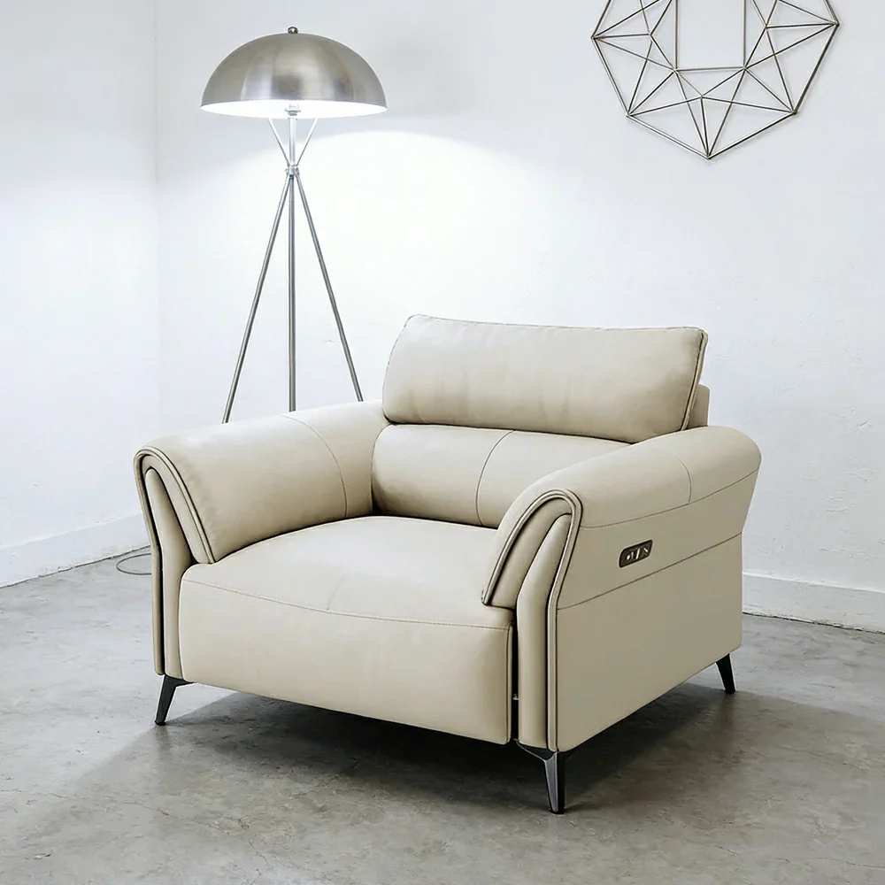 LIVARA Electric Recliner Sofa 106cm Single Seat Wide-Angle Adjustment Top-Grain Leather Ergonomic Comfort Design - Beige - Image 4