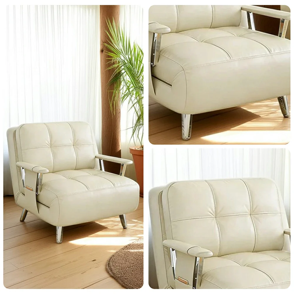 LIVARA 94/114cm Sofa Bed, 2-in-1 Design, High-Density Foam, Cat-Scratch Leather, Adjustable Angles, Durable & Waterproof - Beige - Image 3
