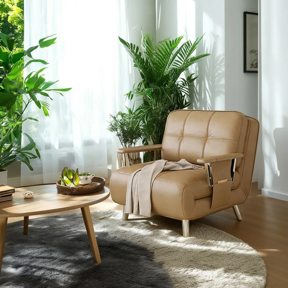 LIVARA 94/114cm Sofa Bed, 2-in-1 Design, High-Density Foam, Cat-Scratch Leather, Adjustable Angles, Durable & Waterproof - Khaki - Image 2