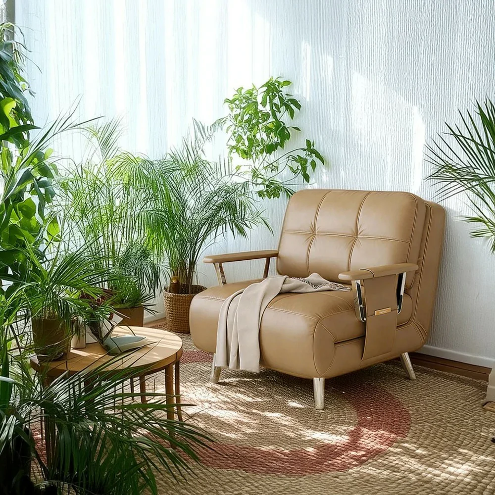 LIVARA 94/114cm Sofa Bed, 2-in-1 Design, High-Density Foam, Cat-Scratch Leather, Adjustable Angles, Durable & Waterproof - Khaki - Image 4