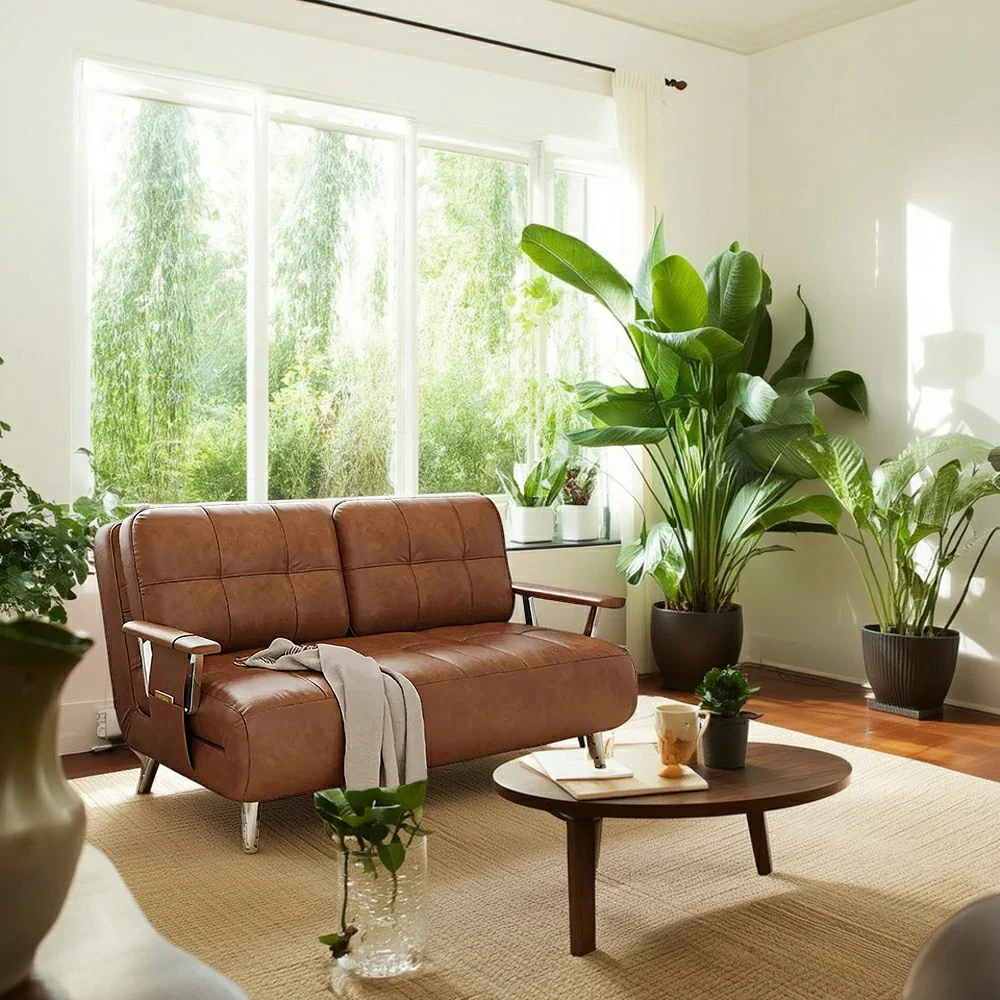 LIVARA 134/164cm Sofa Bed, 2-in-1 Design, High-Density Foam, Cat-Scratch Leather, Adjustable Angles, Durable & Waterproof - Brown - Image 2