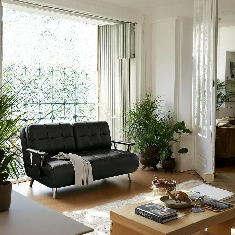 LIVARA 134/164cm Sofa Bed, 2-in-1 Design, High-Density Foam, Cat-Scratch Leather, Adjustable Angles, Durable & Waterproof - Black - Image 2