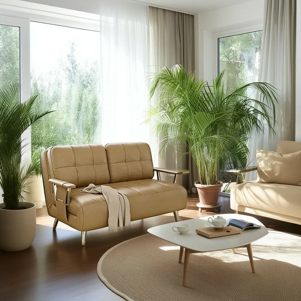 LIVARA 134/164cm Sofa Bed, 2-in-1 Design, High-Density Foam, Cat-Scratch Leather, Adjustable Angles, Durable & Waterproof - Khaki - Image 4
