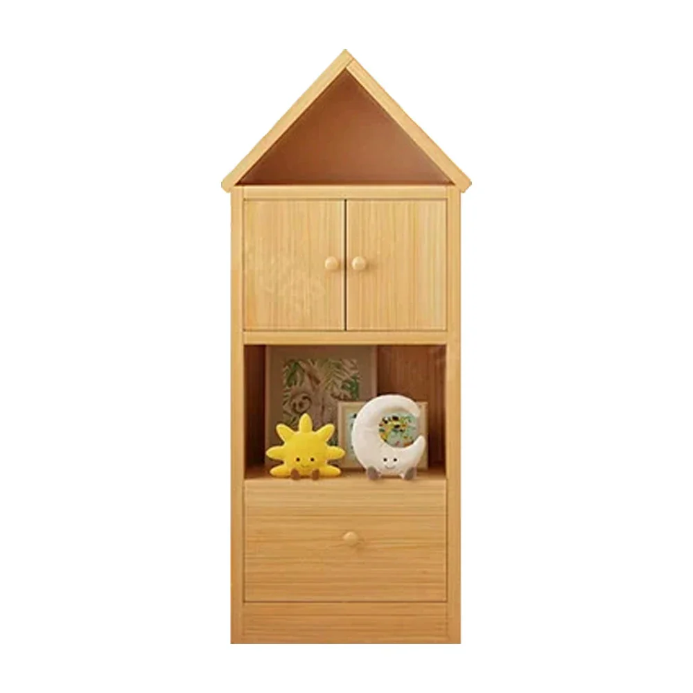 LIVARA Kids House Bookshelf - Solid Wood Storage Cabinet with Anti-Collision Corners, Large Capacity Book & Toy Organiser - Natural Wood
