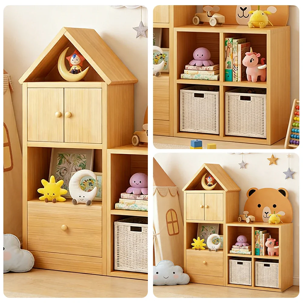 LIVARA Kids House Storage Cabinet - Solid Wood 4/5-Cube Organiser with Anti-Collision Corners, Large Capacity for Toys & Books - Natural Wood - Image 3