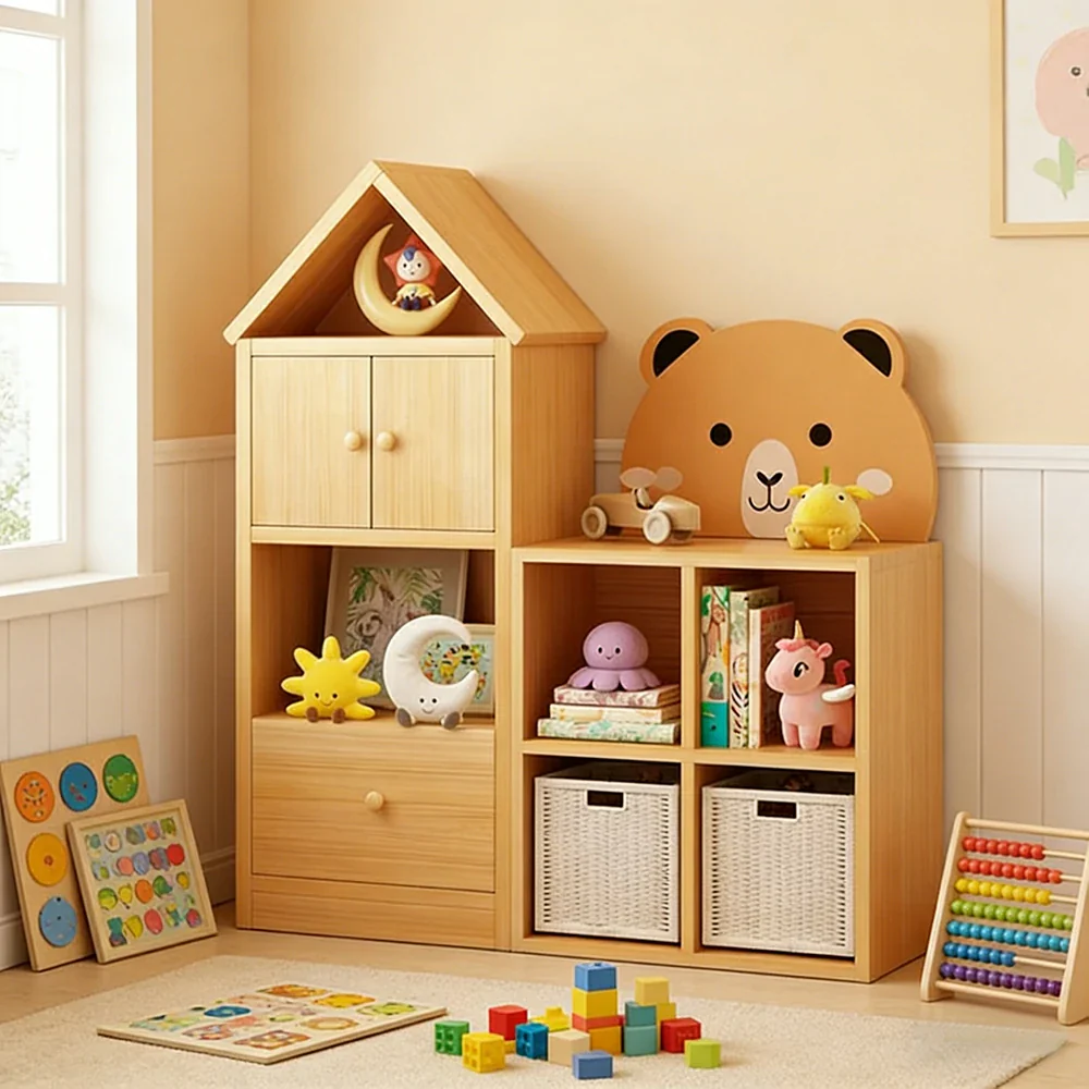 LIVARA Kids House Storage Cabinet - Solid Wood 4/5-Cube Organiser with Anti-Collision Corners, Large Capacity for Toys & Books - Natural Wood - Image 4