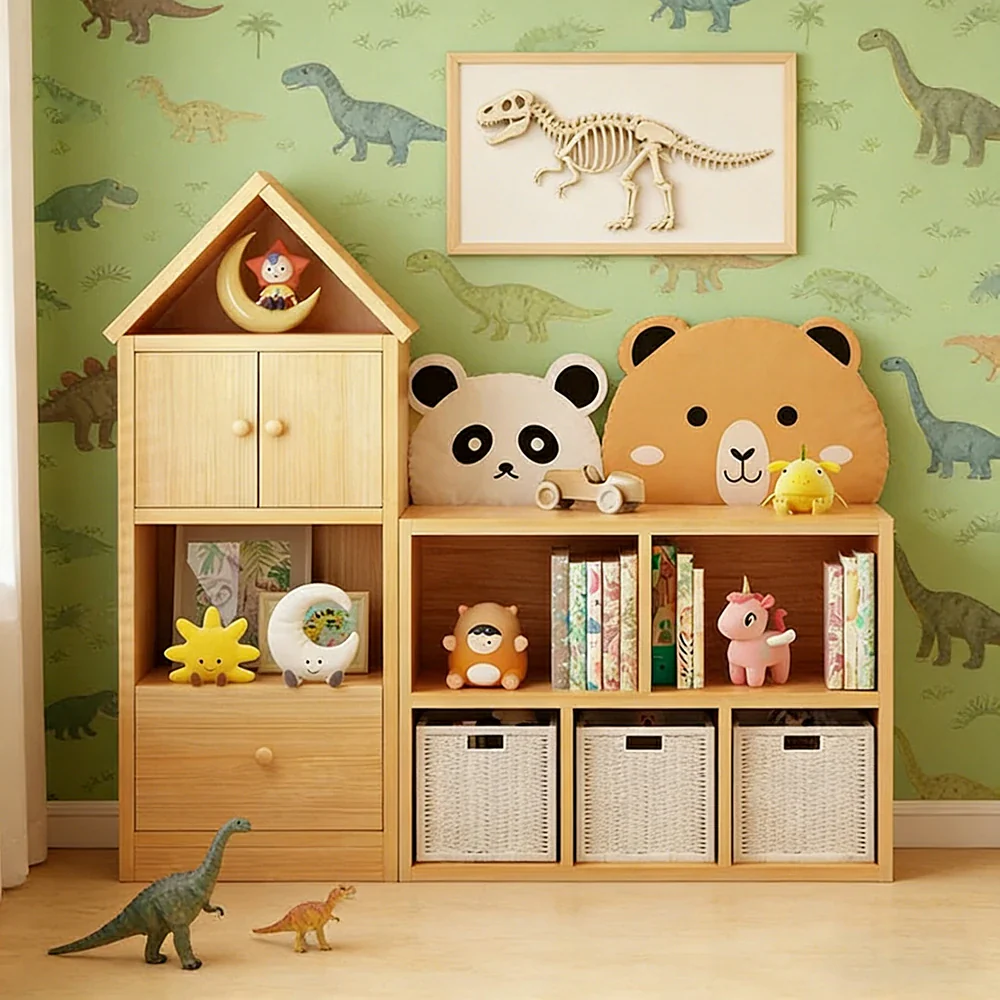LIVARA Kids House Storage Cabinet - Solid Wood 4/5-Cube Organiser with Anti-Collision Corners, Large Capacity for Toys & Books - Natural Wood - Image 7