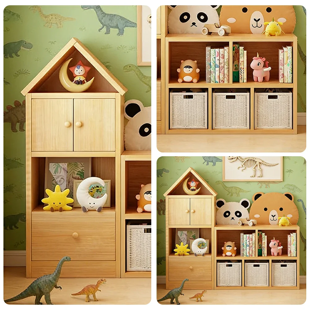 LIVARA Kids House Storage Cabinet - Solid Wood 4/5-Cube Organiser with Anti-Collision Corners, Large Capacity for Toys & Books - Natural Wood - Image 8
