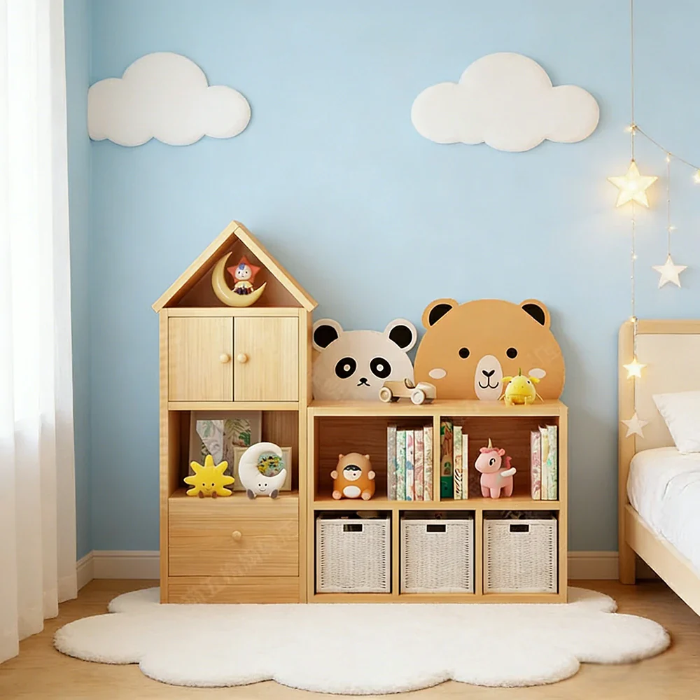 LIVARA Kids House Storage Cabinet - Solid Wood 4/5-Cube Organiser with Anti-Collision Corners, Large Capacity for Toys & Books - Natural Wood - Image 9