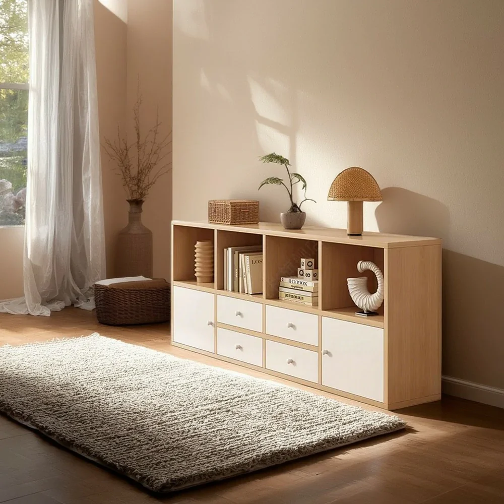 LIVARA Storage Cabinet with Doors & Drawers - 6/8-Cube Organiser, Large Capacity Shelving for Living Room & Bedroom - Beech - Image 7