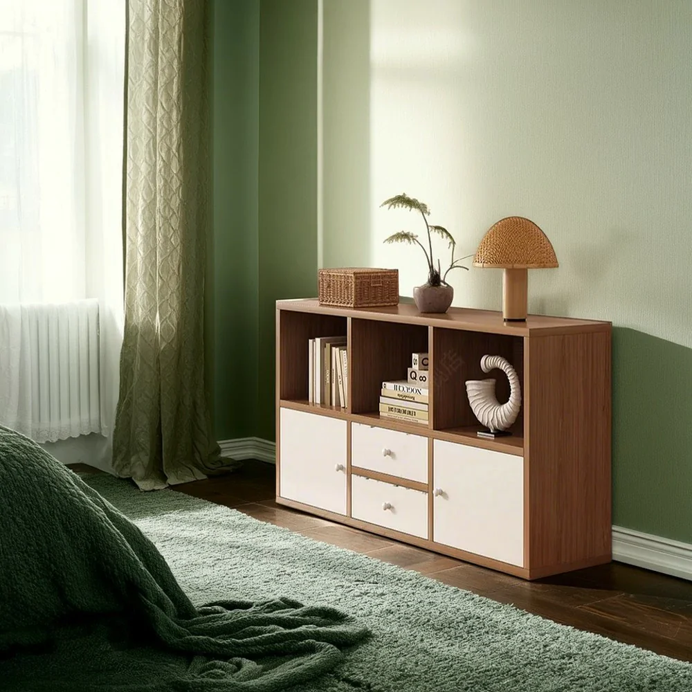 LIVARA Storage Cabinet with Doors & Drawers - 6/8-Cube Organiser, Large Capacity Shelving for Living Room & Bedroom - Cherry wood - Image 4
