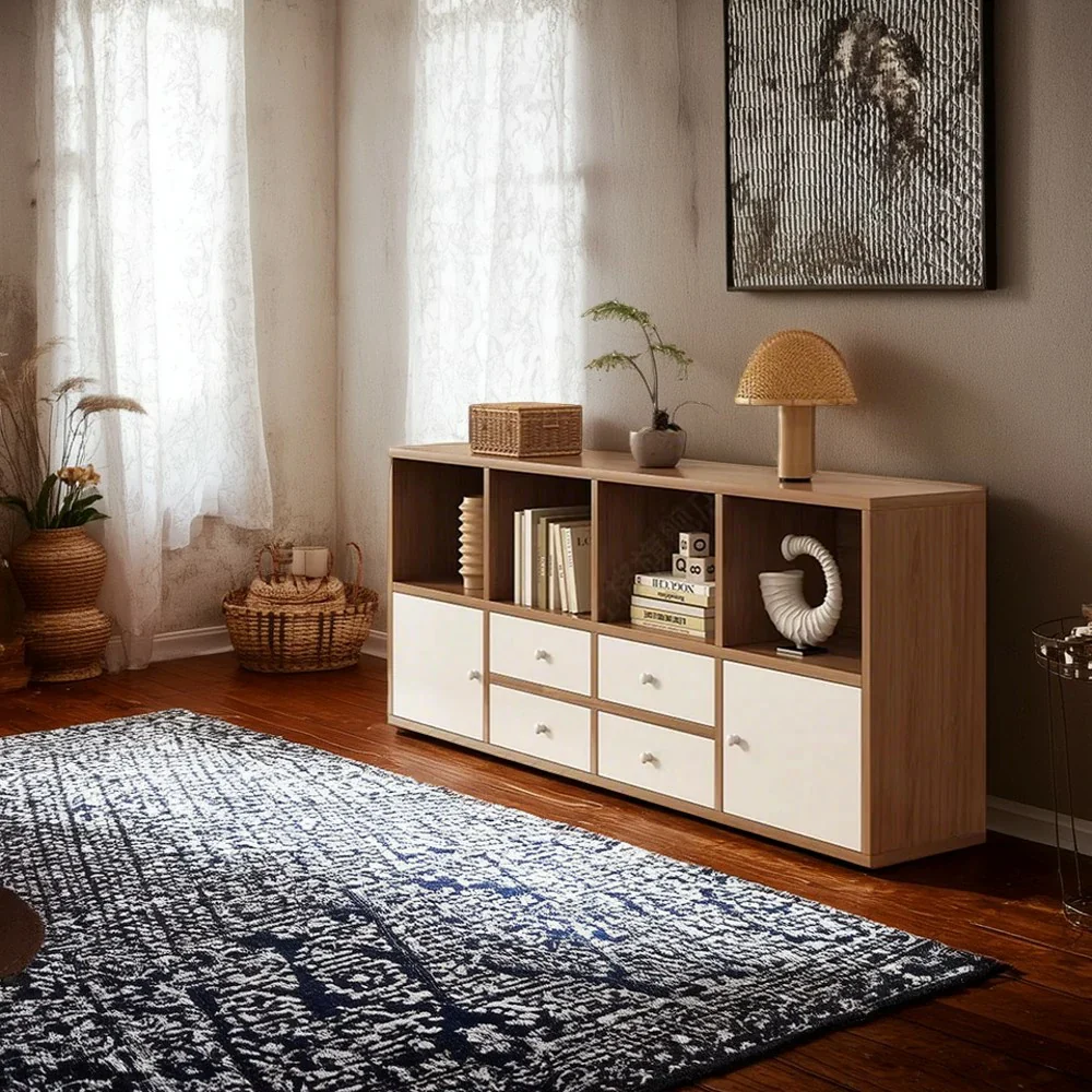 LIVARA Storage Cabinet with Doors & Drawers - 6/8-Cube Organiser, Large Capacity Shelving for Living Room & Bedroom - Cherry wood - Image 9