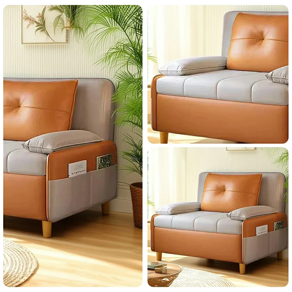 LIVARA 77/113cm Sofa Bed, Sofa to Bed Design, Leather-Look Performance Fabric, Steel Frame, Side Storage Pocket - Beige&Orange - Image 3