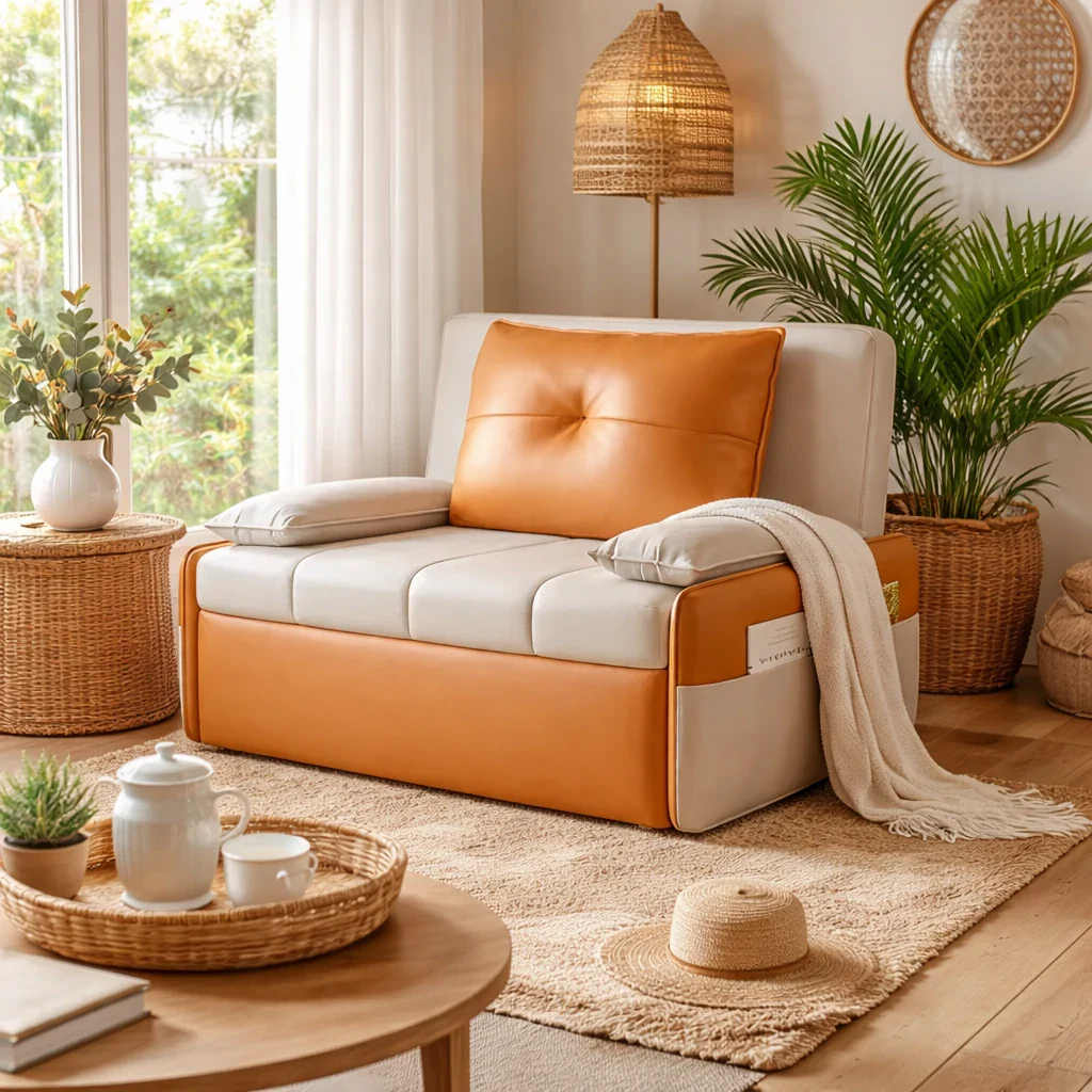 LIVARA 77/113cm Sofa Bed, Sofa to Bed Design, Leather-Look Performance Fabric, Steel Frame, Side Storage Pocket - Beige&Orange - Image 4