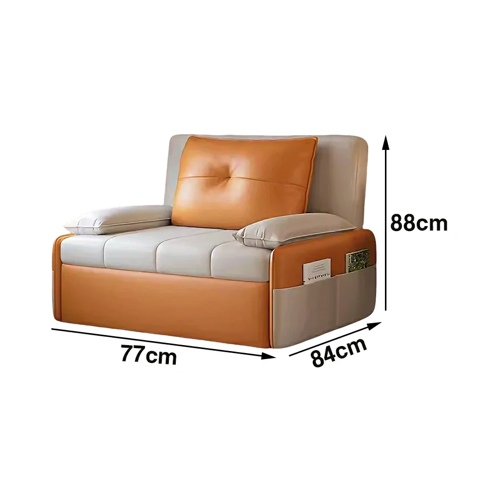 LIVARA 77/113cm Sofa Bed, Sofa to Bed Design, Leather-Look Performance Fabric, Steel Frame, Side Storage Pocket - Beige&Orange - Image 5