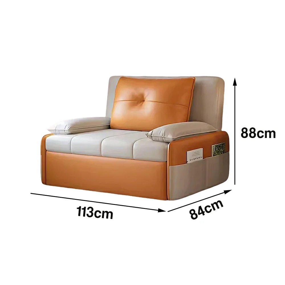 LIVARA 77/113cm Sofa Bed, Sofa to Bed Design, Leather-Look Performance Fabric, Steel Frame, Side Storage Pocket - Beige&Orange - Image 6