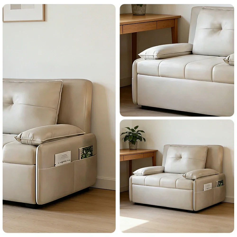LIVARA 77/113cm Sofa Bed, Sofa to Bed Design, Leather-Look Performance Fabric, Steel Frame, Side Storage Pocket - Beige - Image 3