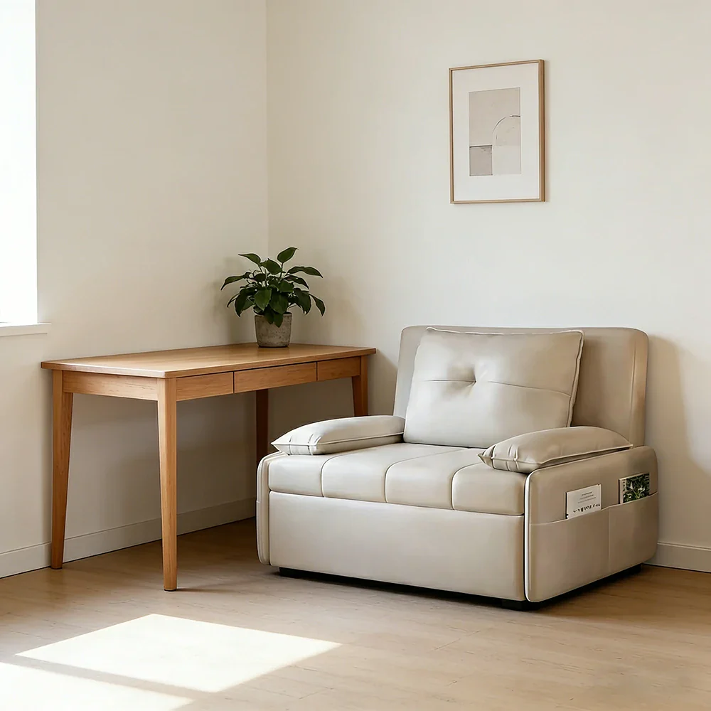 LIVARA 77/113cm Sofa Bed, Sofa to Bed Design, Leather-Look Performance Fabric, Steel Frame, Side Storage Pocket - Beige - Image 4
