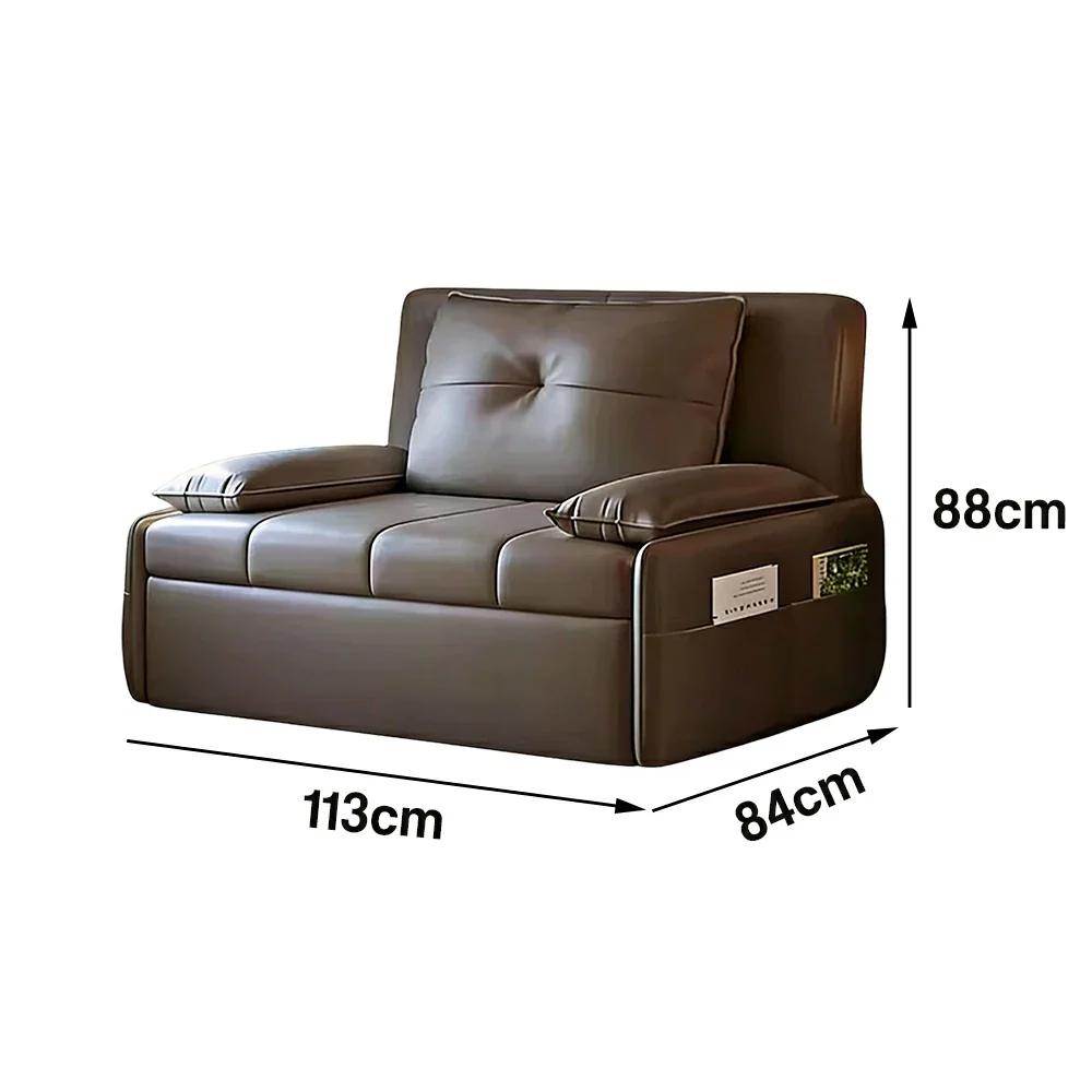 LIVARA 77/113cm Sofa Bed, Sofa to Bed Design, Leather-Look Performance Fabric, Steel Frame, Side Storage Pocket - Coffee - Image 6