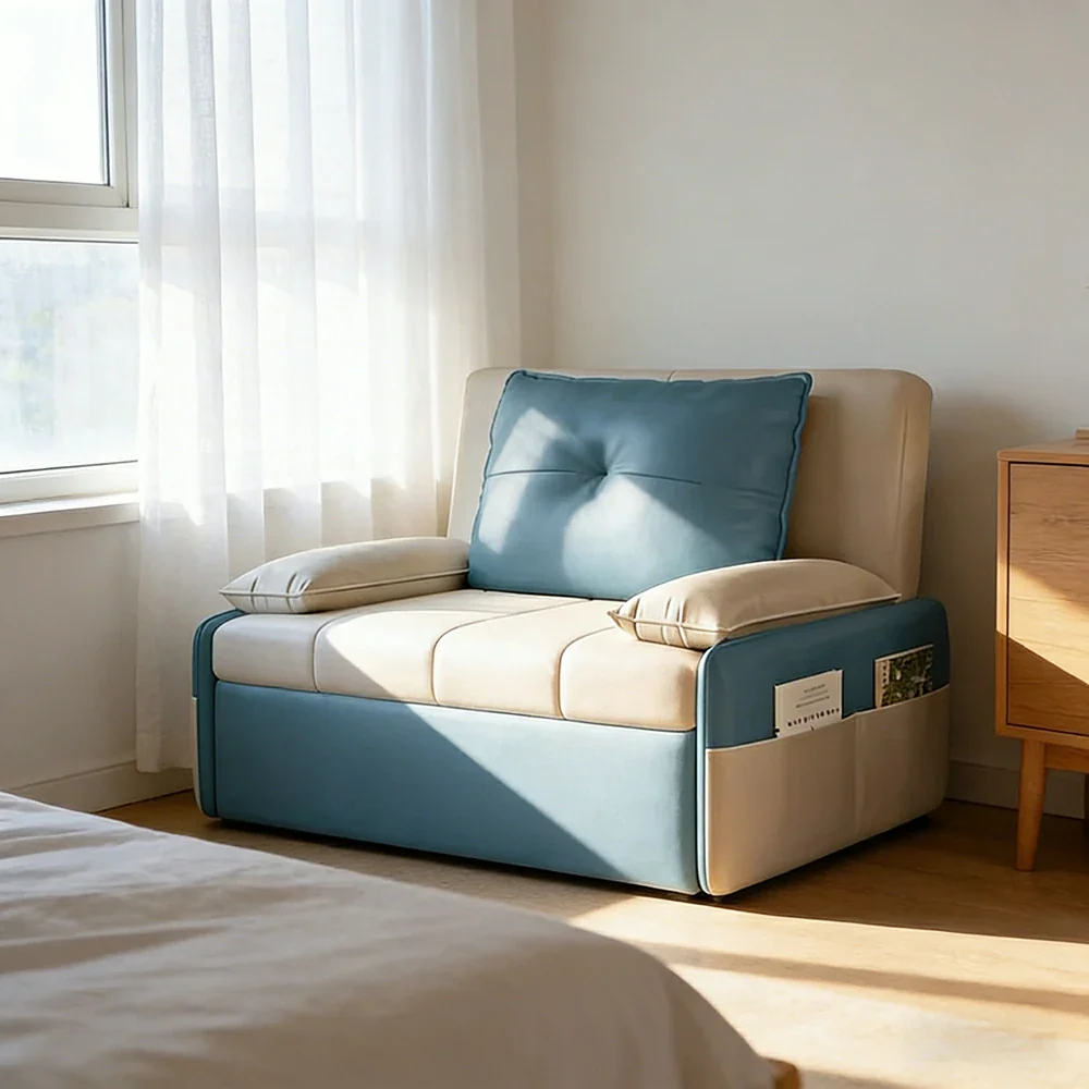 LIVARA 77/113cm Sofa Bed, Sofa to Bed Design, Leather-Look Performance Fabric, Steel Frame, Side Storage Pocket - Beige&Blue - Image 2