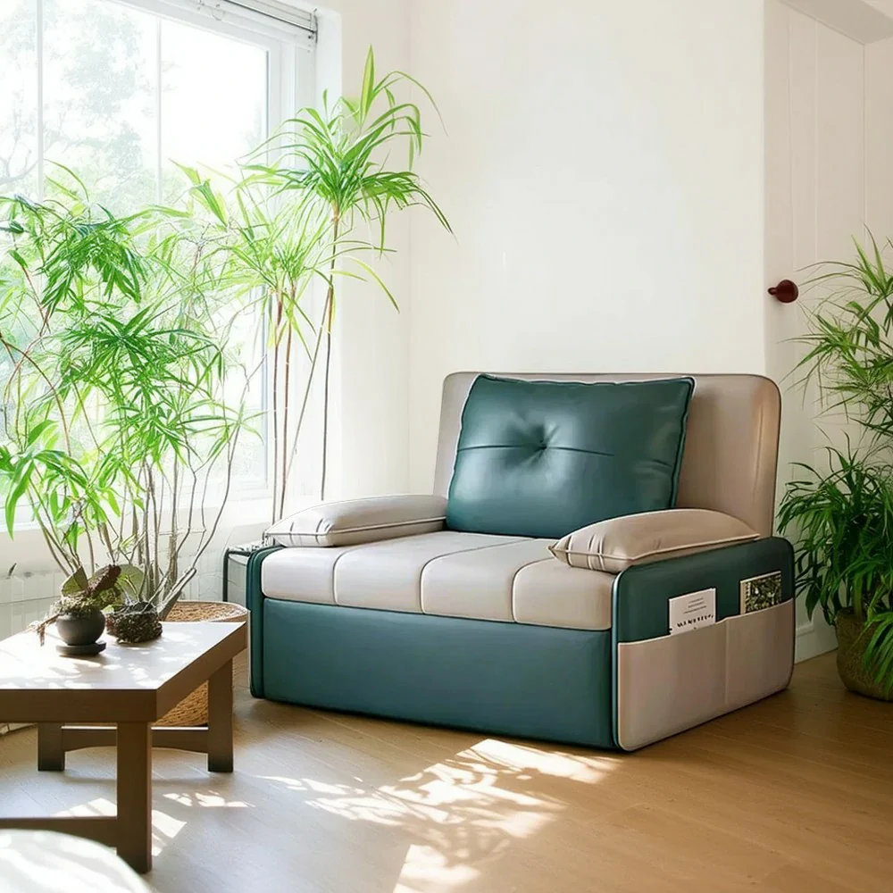 LIVARA 77/113cm Sofa Bed, Sofa to Bed Design, Leather-Look Performance Fabric, Steel Frame, Side Storage Pocket - Beige&Green - Image 2