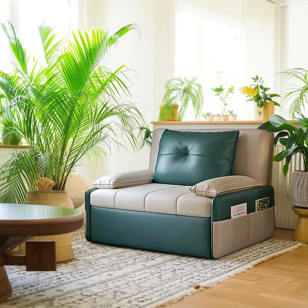 LIVARA 77/113cm Sofa Bed, Sofa to Bed Design, Leather-Look Performance Fabric, Steel Frame, Side Storage Pocket - Beige&Green - Image 4