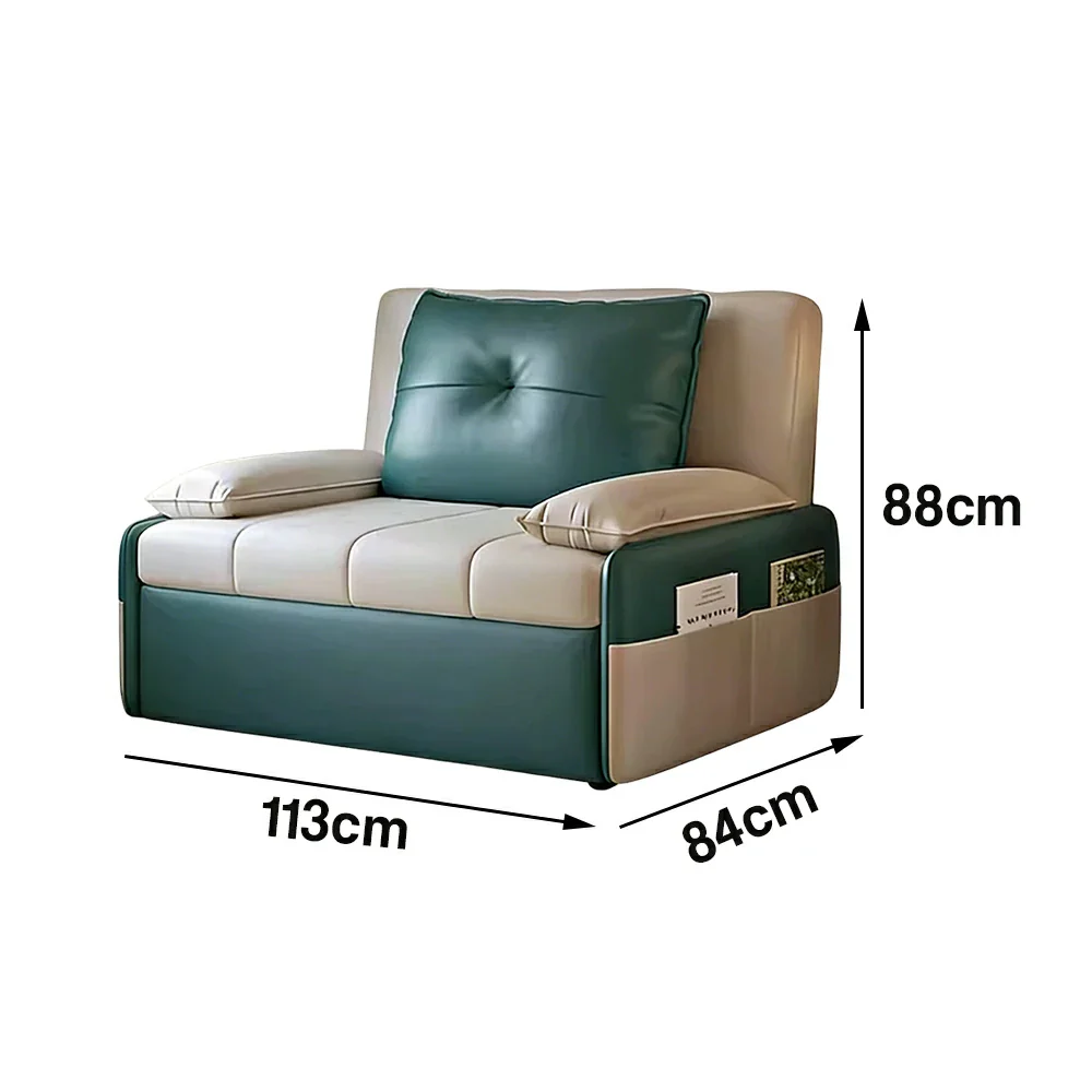 LIVARA 77/113cm Sofa Bed, Sofa to Bed Design, Leather-Look Performance Fabric, Steel Frame, Side Storage Pocket - Beige&Green - Image 6
