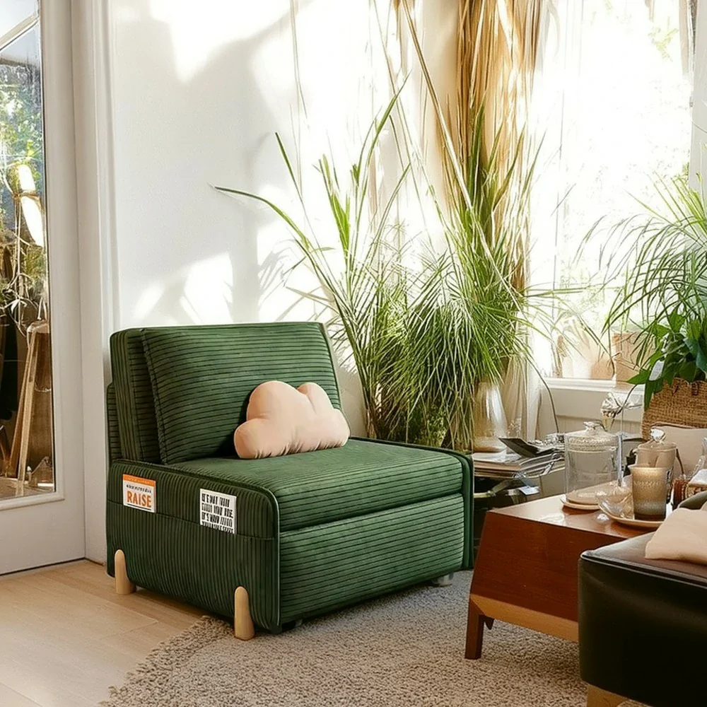 LIVARA 77/113cm Sofa Bed, Sit Lounge Sleep Design, Soft Corduroy Upholstery, Steel Frame, Dual Side Storage Pockets - Green - Image 2
