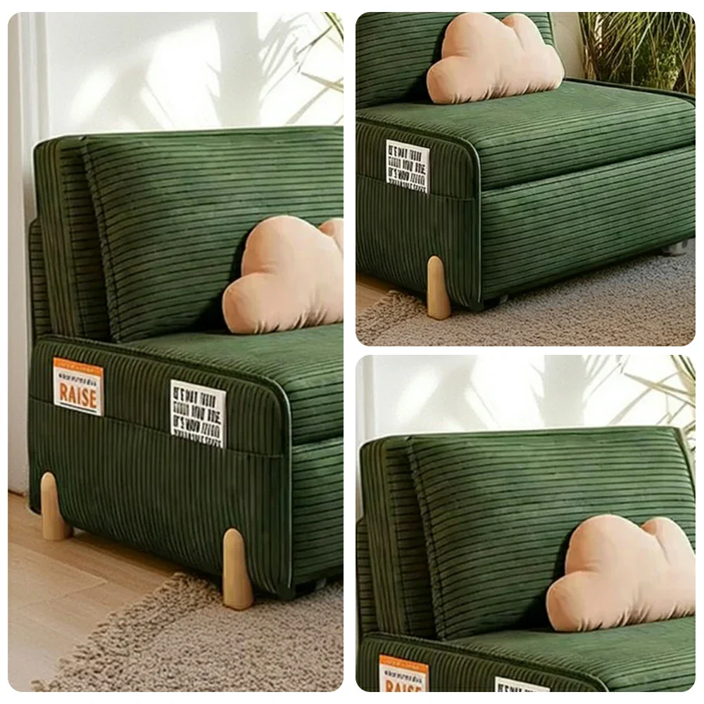 LIVARA 77/113cm Sofa Bed, Sit Lounge Sleep Design, Soft Corduroy Upholstery, Steel Frame, Dual Side Storage Pockets - Green - Image 3