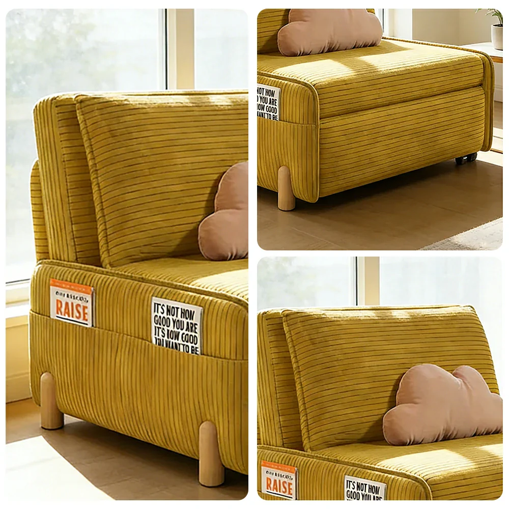LIVARA 77/113cm Sofa Bed, Sit Lounge Sleep Design, Soft Corduroy Upholstery, Steel Frame, Dual Side Storage Pockets - Yellow - Image 3
