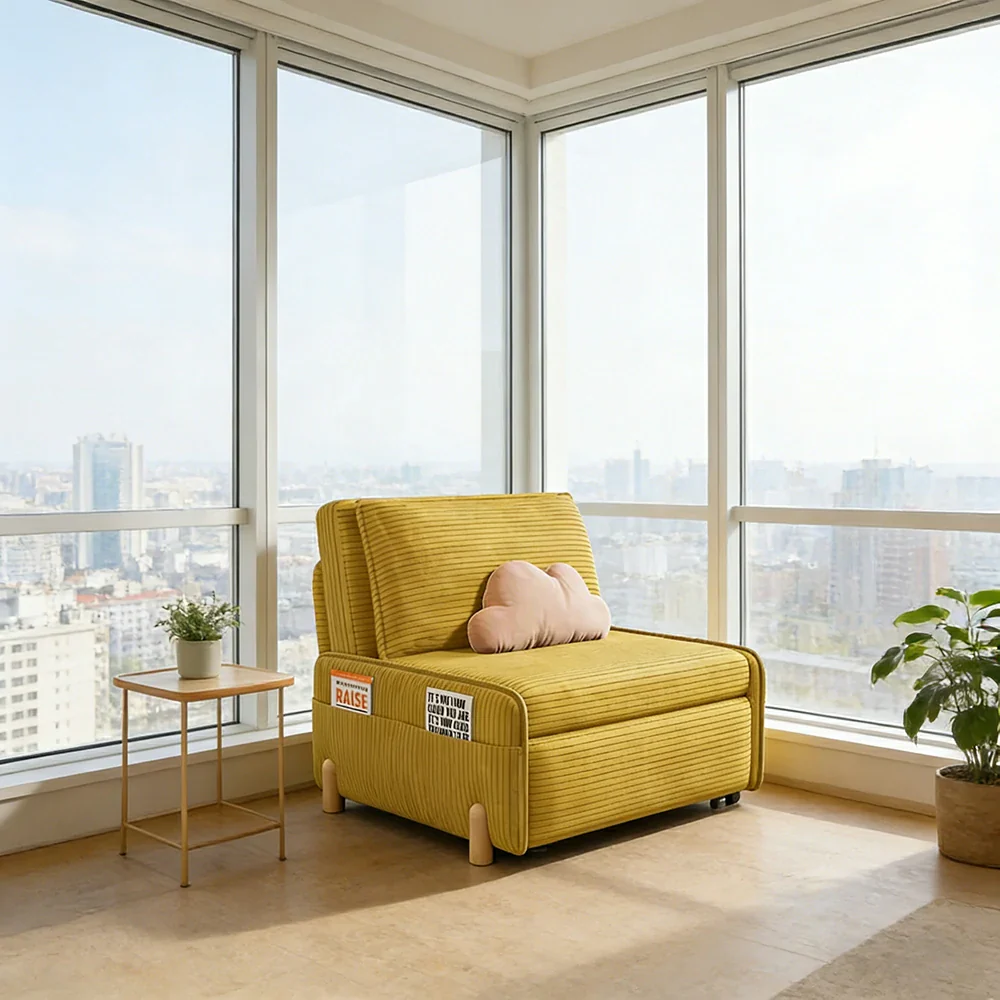 LIVARA 77/113cm Sofa Bed, Sit Lounge Sleep Design, Soft Corduroy Upholstery, Steel Frame, Dual Side Storage Pockets - Yellow - Image 4